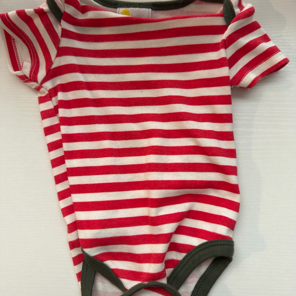 Red & White Striped Baby One-Piece Bodysuit With Olive Trim